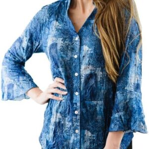 Printed Crinkle Mesh Blouse - Designer Hand-Finished Shirts