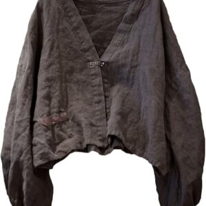 NFYM Women’s Linen Open Front Shirt Lantern Long Sleeve