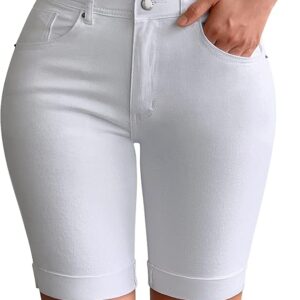 Roswear Womens Mid Rise Roll Cuff Bermuda Stretch Denim Jean Shorts